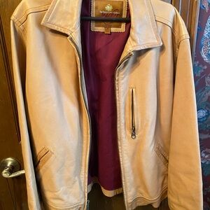 The Territory Ahead Beige Leather Bomber Jacket